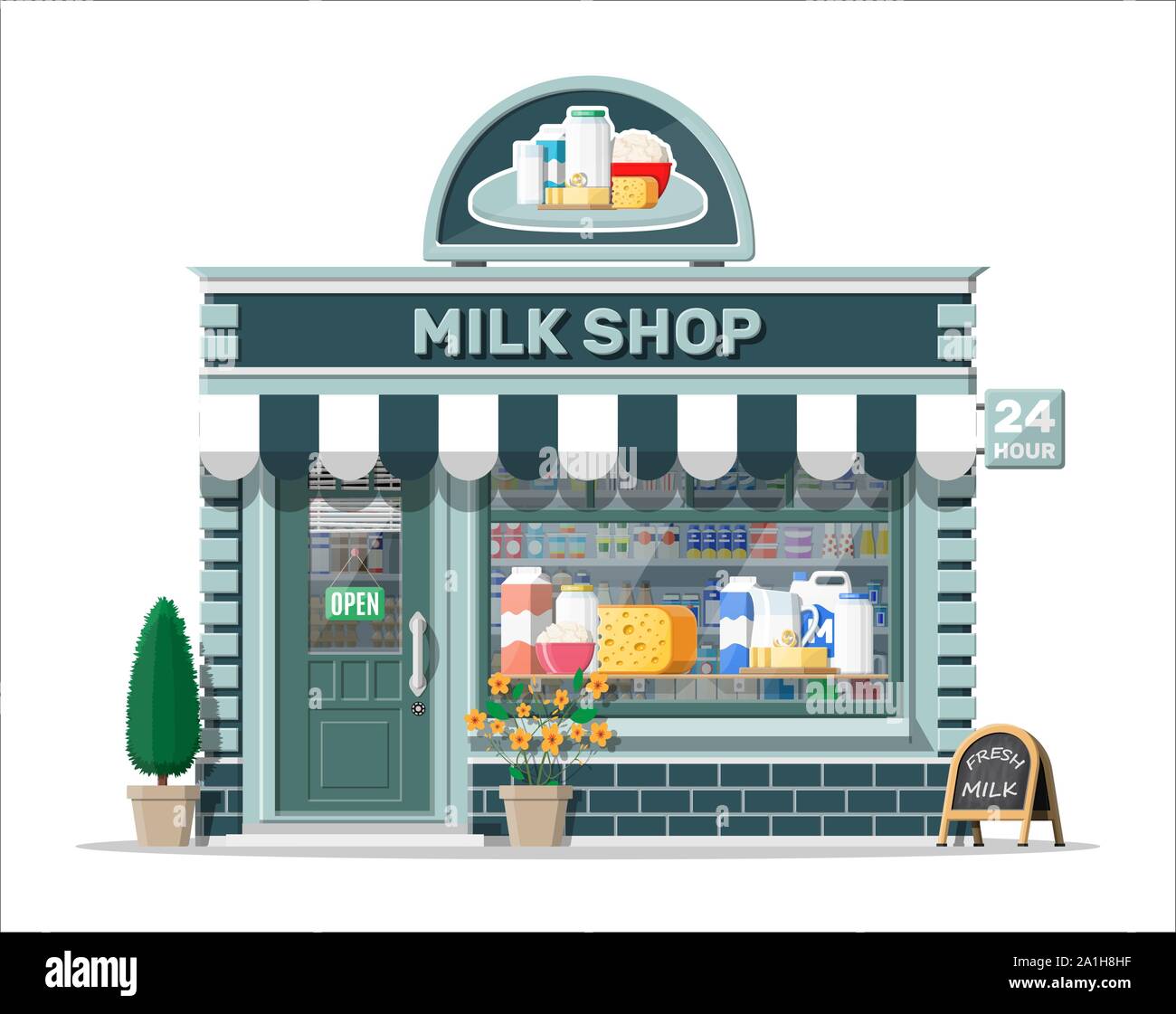 Dairy store or milk shop with signboard, awning Stock Vector Image