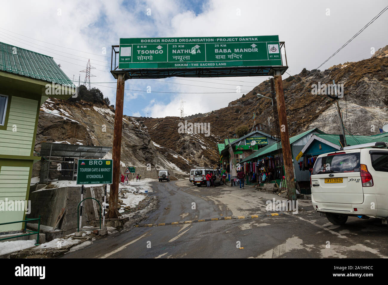 Signboard giving directions on the route to Nathu La pass on the border of India and China in the state of Sikkim Stock Photo