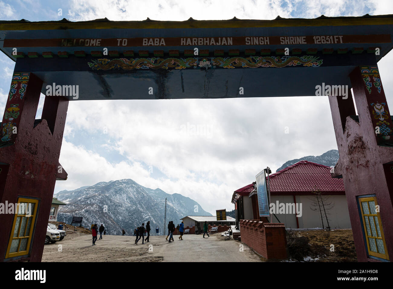 Entrance gate to the Baba Harbhajan Singh Shrine on the way to Nathu La pass in Sikkim in India Stock Photo