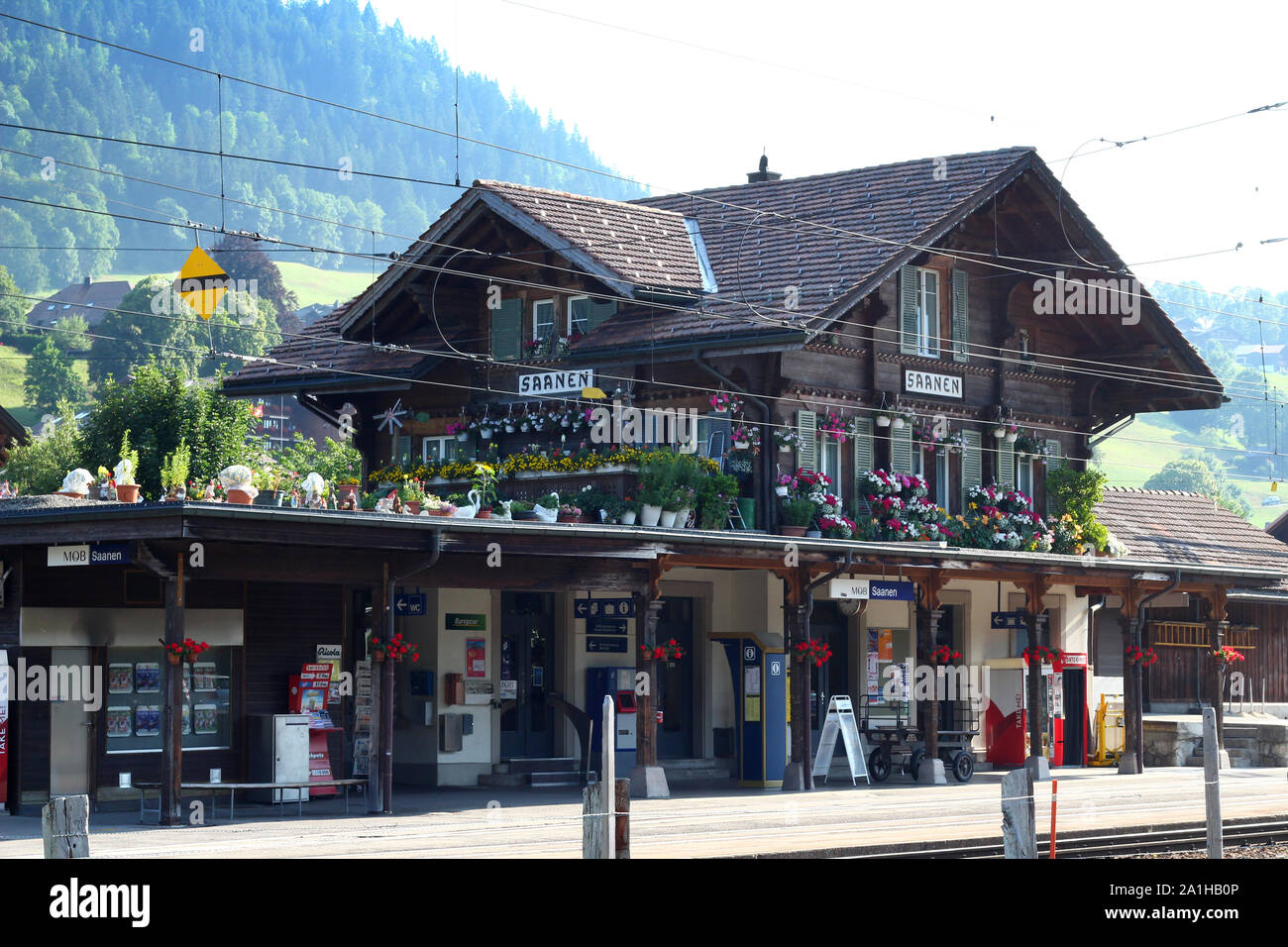 Saanen, Switzerland - July 26, 2019: Railway station in Saanen in the morning in summertime Stock Photo