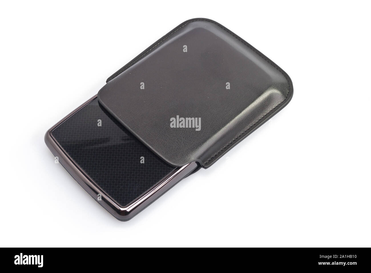 top view of a portable harddisk with soft leather case on white background Stock Photo