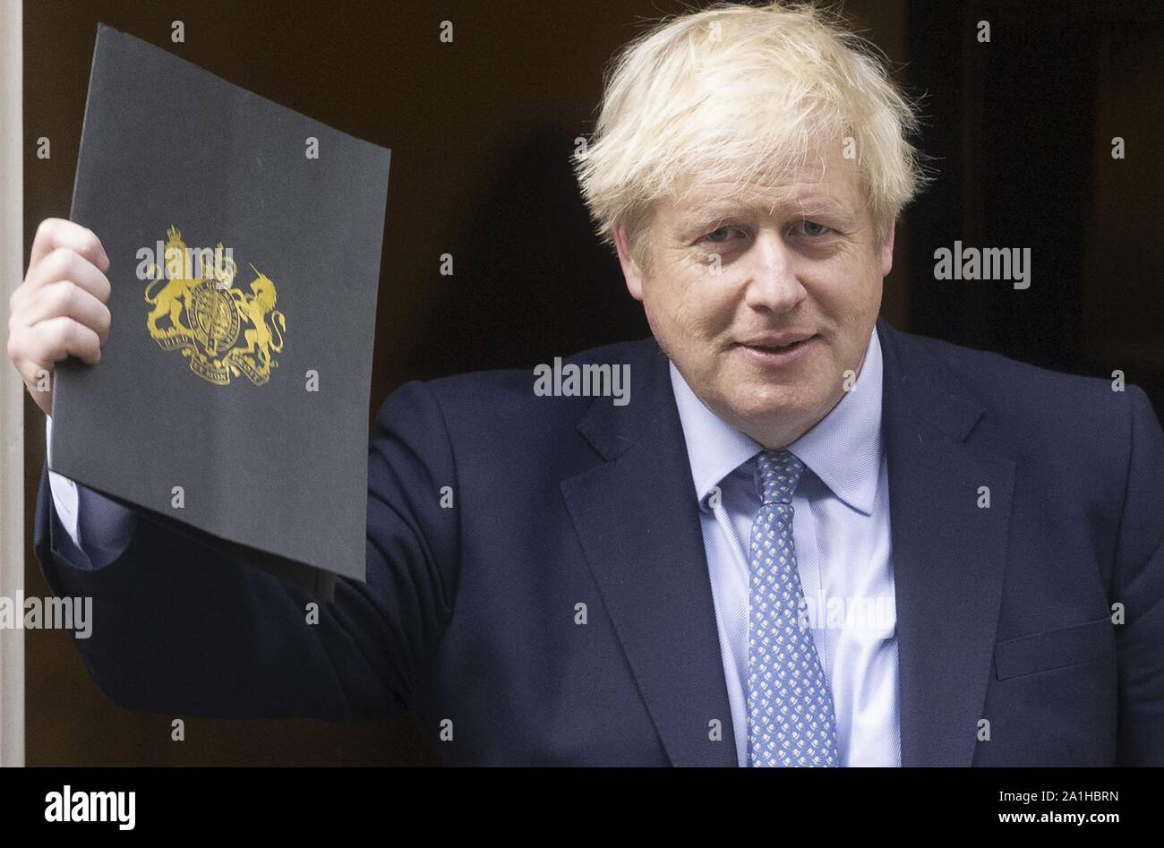 Beijing, Britain. 25th Sep, 2019. British Prime Minister Boris Johnson leaves 10 Downing Street for the reopening of the Parliament in London, Britain, Sept. 25, 2019. Credit: Ray Tang/Xinhua Stock Photo