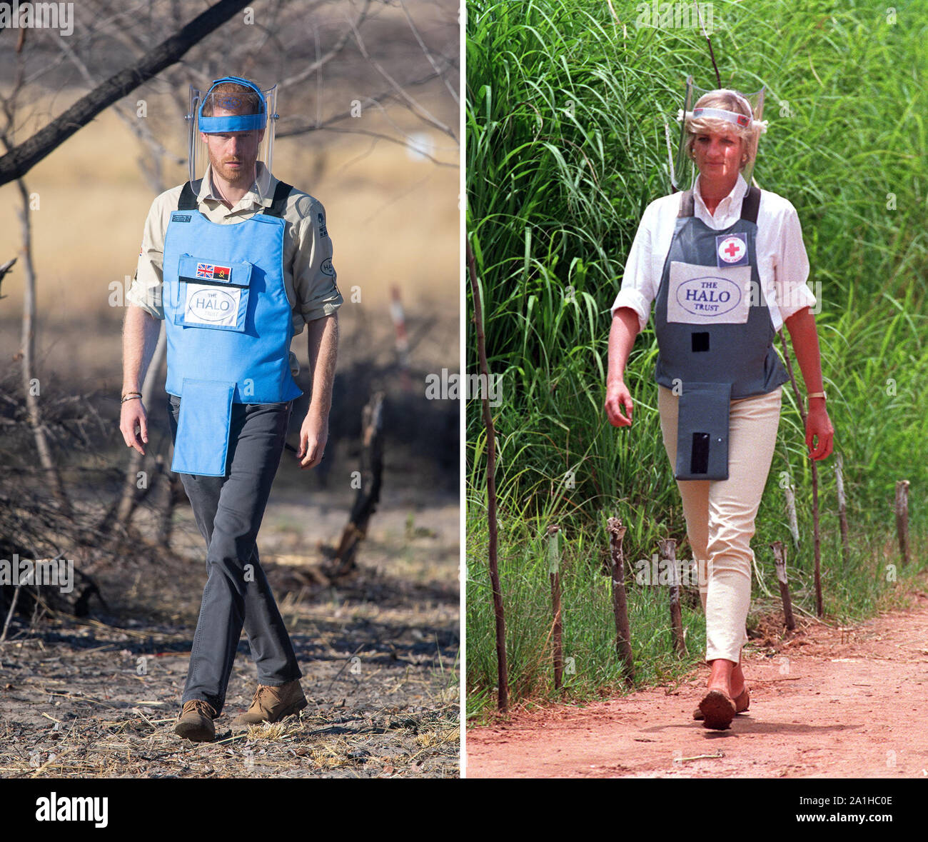 A composite image showing the Princess of Wales on 15/01/97 during her visit to a minefield in Huambo, in Angola, and the Duke of Sussex on 27/09/19 walking through a minefield in Dirico, Angola. Stock Photo