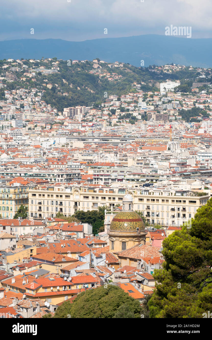 A view over Nice from above with the cupola of the Cathédrale Sainte-Réparate de Nice in the foreground, France, Europe. Stock Photo