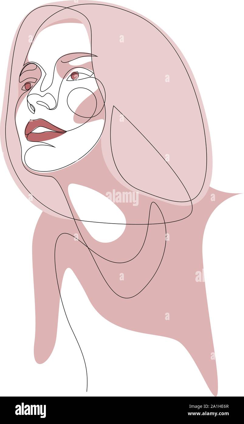 Continuous line drawing of Portrait of a Beautiful Womans face. The Concept of Skin Beauty Care for young female models. Fashion beauty model with a w Stock Vector
