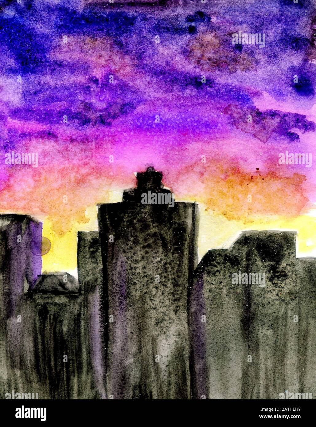 Watercolor Painted Background Of City Silhouette And Purple Sunset