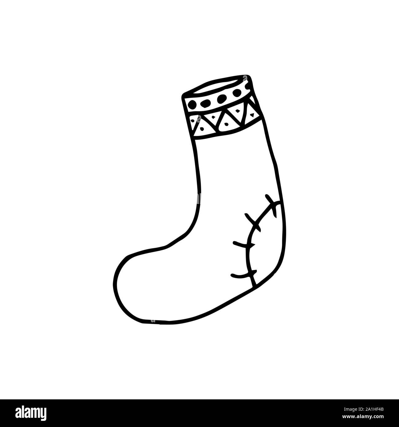 Winter sock. Hand drawing. Black outline on white background. Picture can be used in christmas and new year greeting cards, posters, flyers, banners, logo etc. Vector illustration. EPS10 Stock Vector