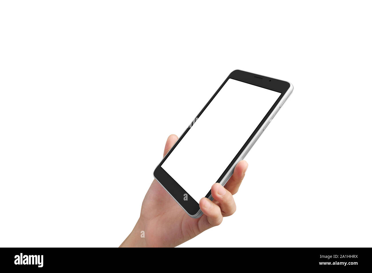 Hands holding tablet computer gadget with isolated, touch screen technology Stock Photo