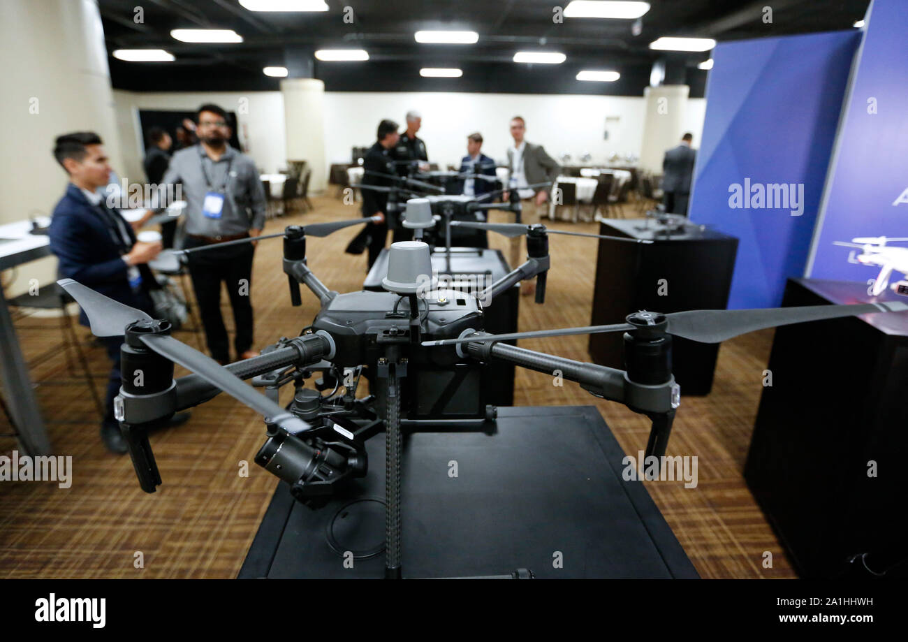 Los Angeles, USA. 24th Sep, 2019. Visitors view drones of DJI, a Chinese  drone maker, during the annual AirWorks conference in Los Angeles, the  United States, Sept. 24, 2019. The three-day conference