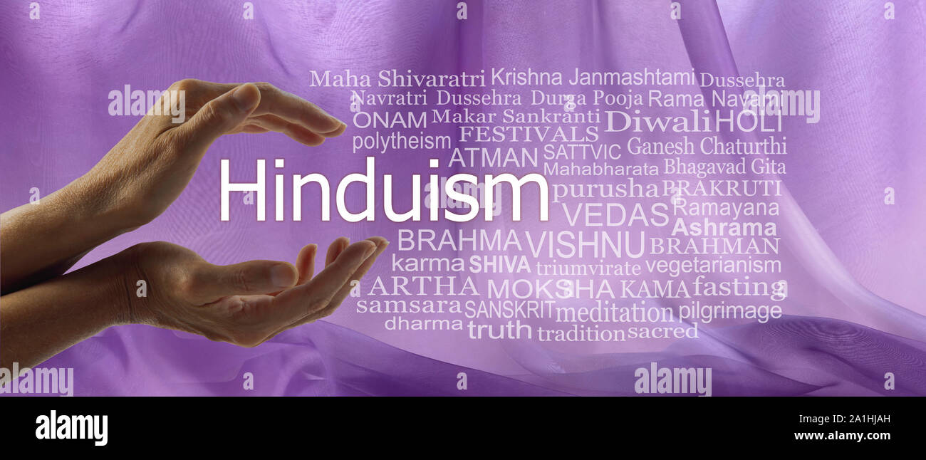 Aspects of Divine Hinduism Word Tag Cloud - female hands cupped around the word HINDUISM surrounded by a word cloud against  purple flowing chiffon Stock Photo