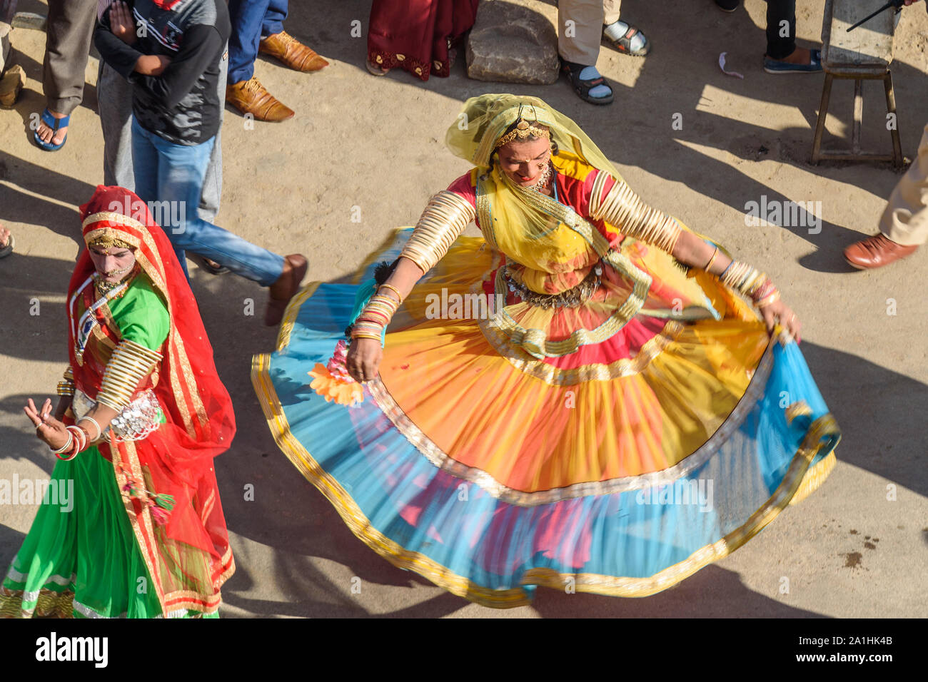 Jaisalmer, India - February 17, 2019: Ceremonial procession Indian transgender or hijra dancing in Desert Festival in Jaisalmer. Rajasthan Stock Photo