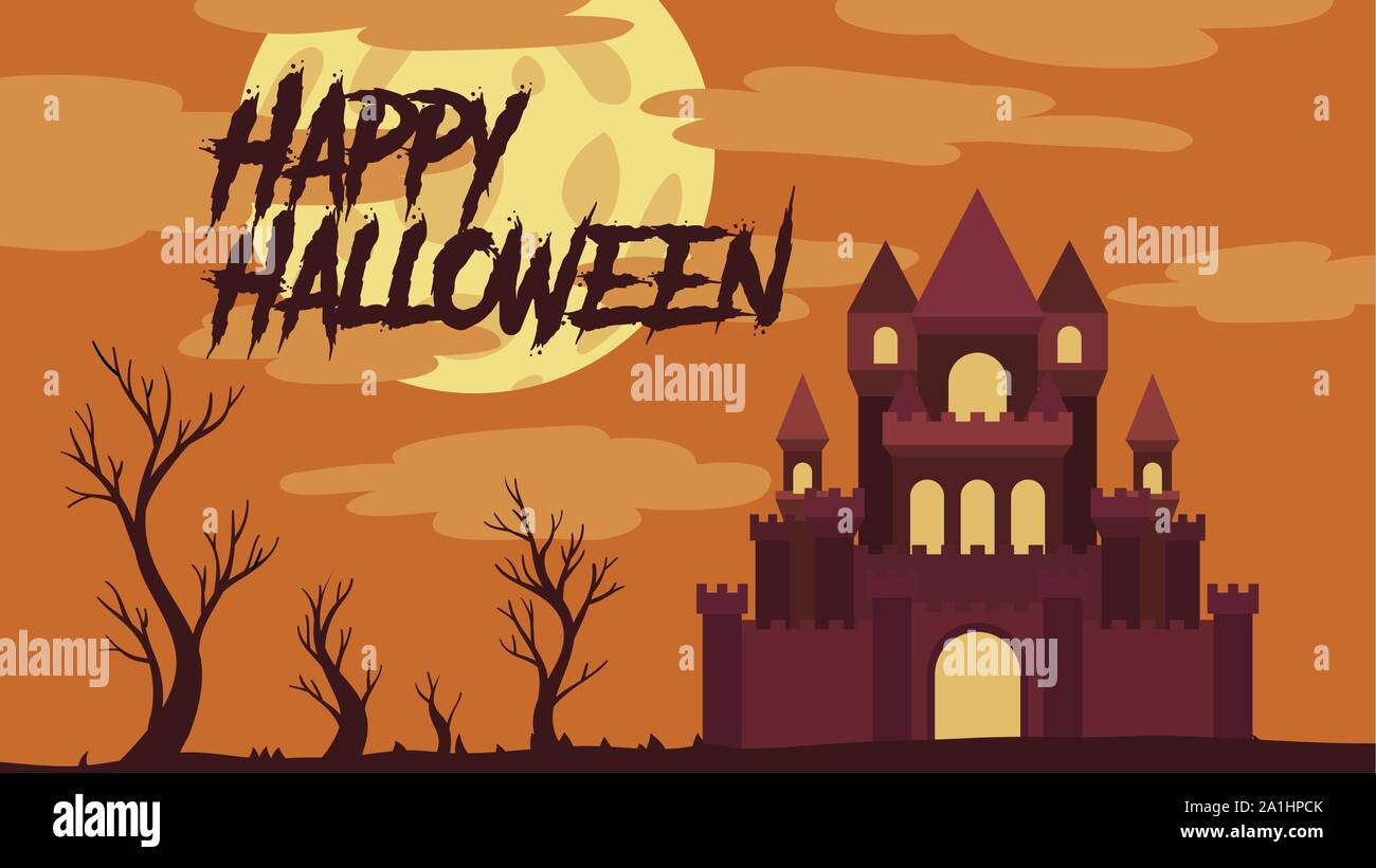castle landscape vector illustration with trees, clouds and moon for halloween banner also can use for media social feed or story Stock Vector