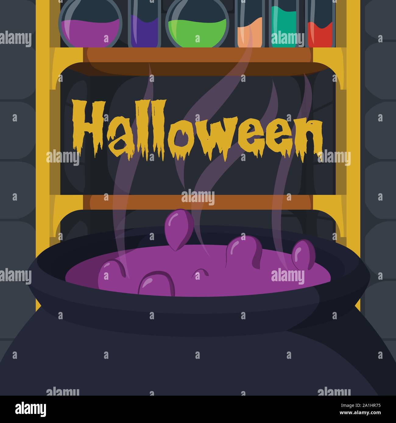 witch room with potion and cauldron vector illustration for halloween banner also can use for media social feed or story Stock Vector