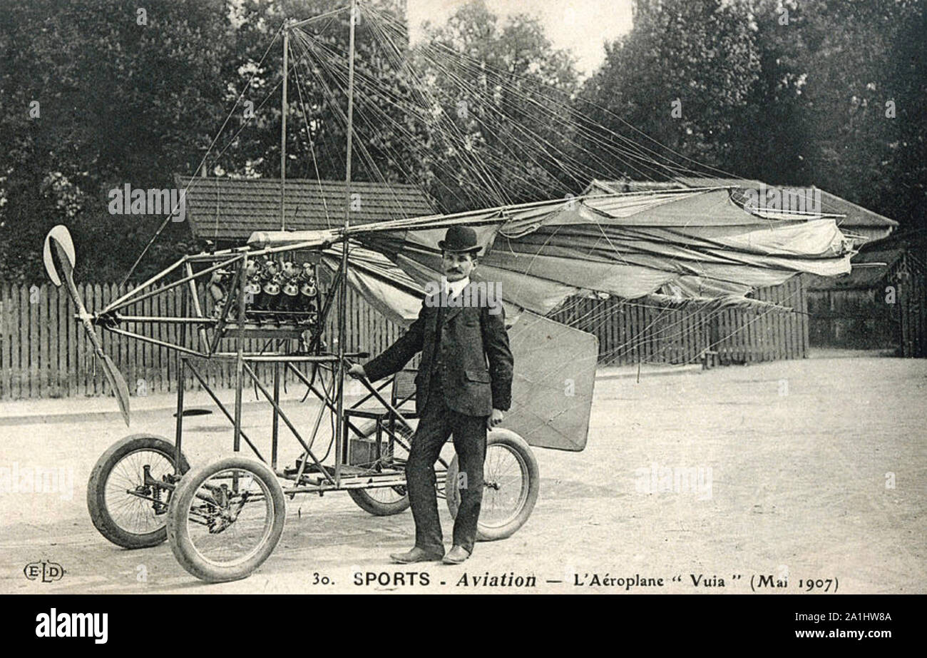 TRAIAN VUIA (1872-1950) Romanian inventor and aviation pioneer with  his aircraft Vuia II in 1907. The wings are in the folded position. It's only flight was a short hop on5 July when he suffered slight injuries and the plane was wrecked. Stock Photo