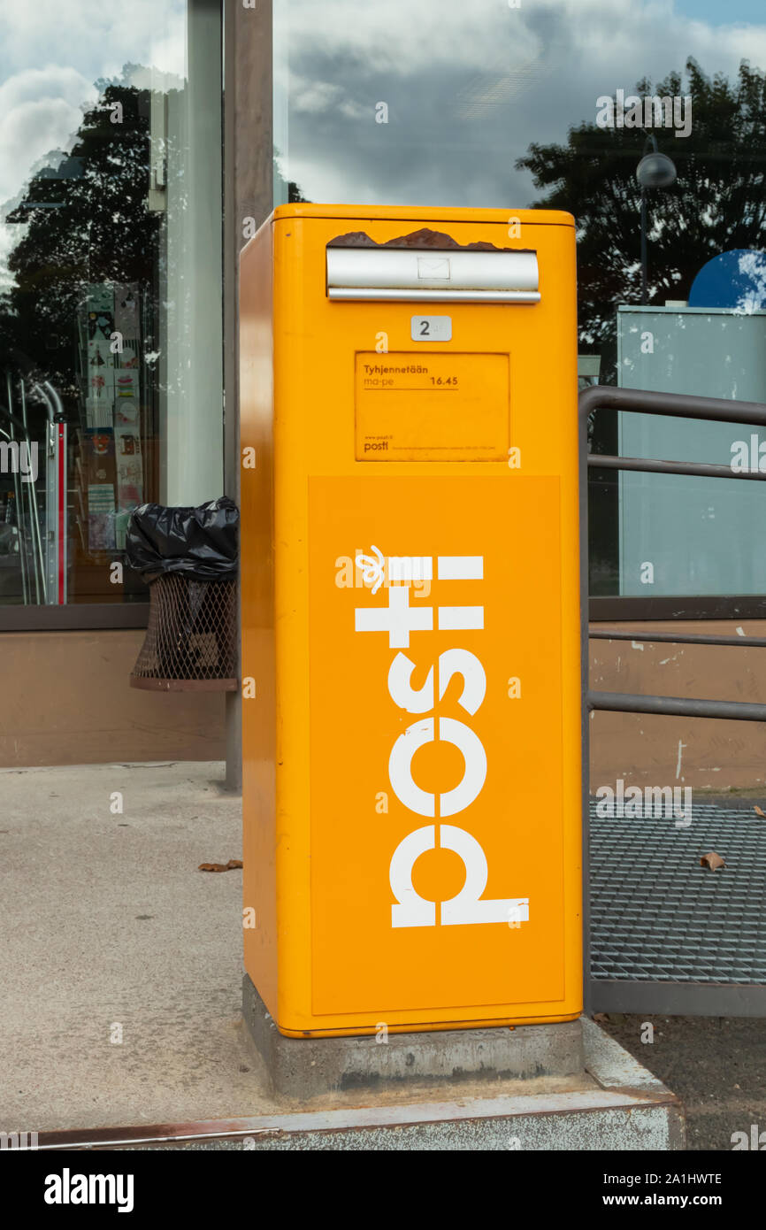 Kouvola, Finland - 22 September, 2019: Mailbox of Finnish post office POSTI in front of post office Stock Photo