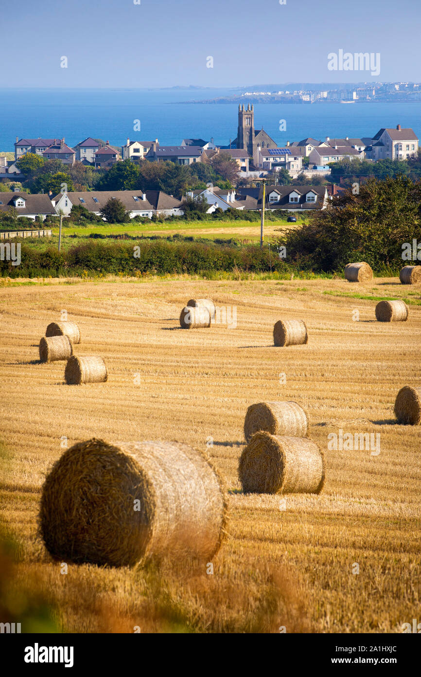 Baled Hay in a field looking towards Castlerock Northern Ireland Stock Photo