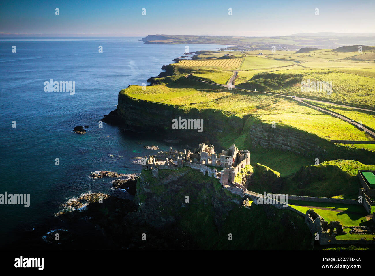 Aerial of Dunluce Castle on the Causeway Coast in County Antrim Stock Photo