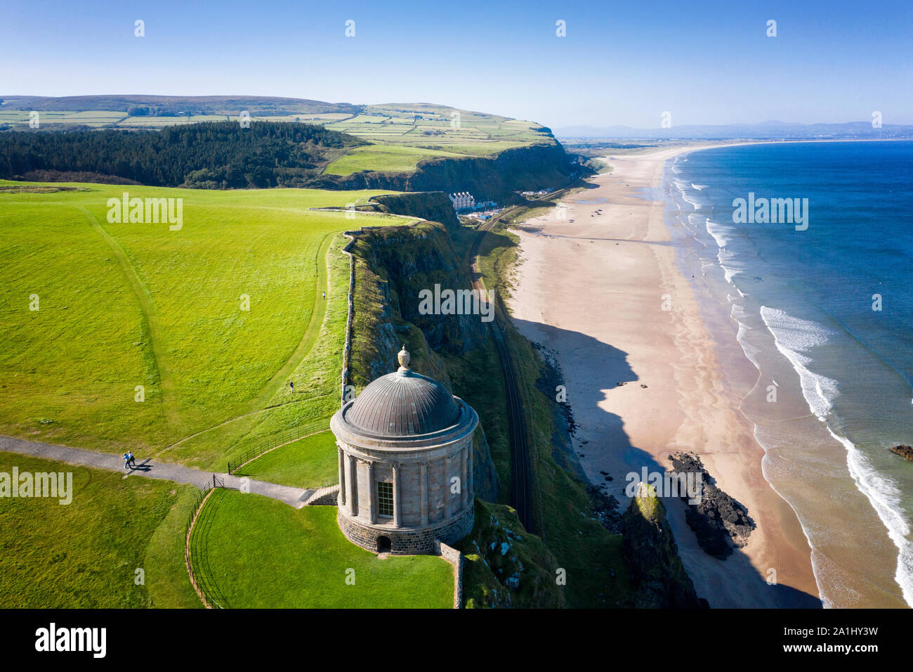 Aerial photograph of Mussenden Temple and Downhill Strand in County Derry Stock Photo