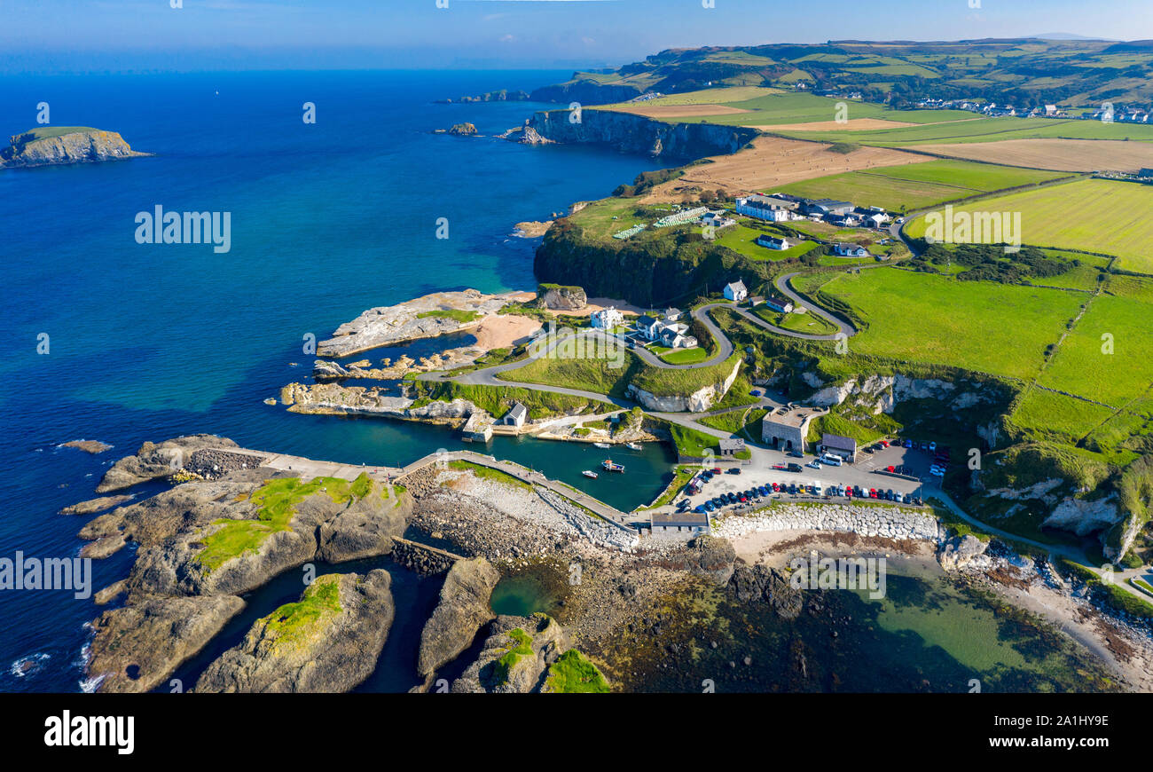 Aerial of Ballintoy Harbour on the Causeway Coast in County Antrim Stock Photo