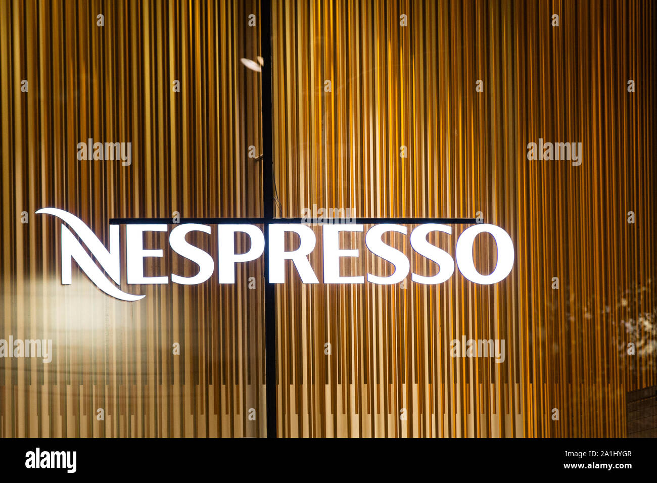 Nespresso logo seen at Kungsportavenyen in Gothenburg. Stock Photo