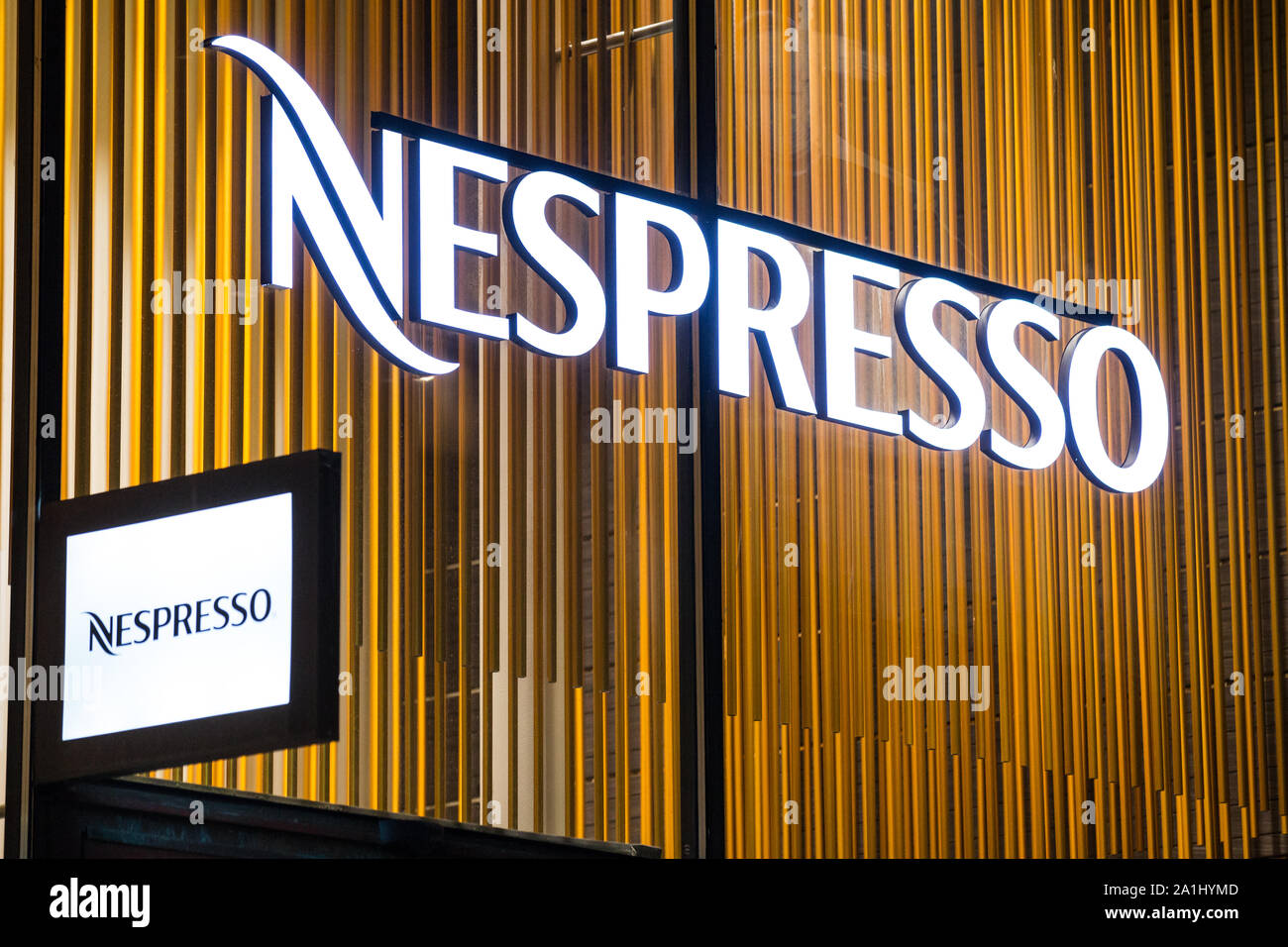 Nespresso logo seen at Kungsportavenyen in Gothenburg. Stock Photo