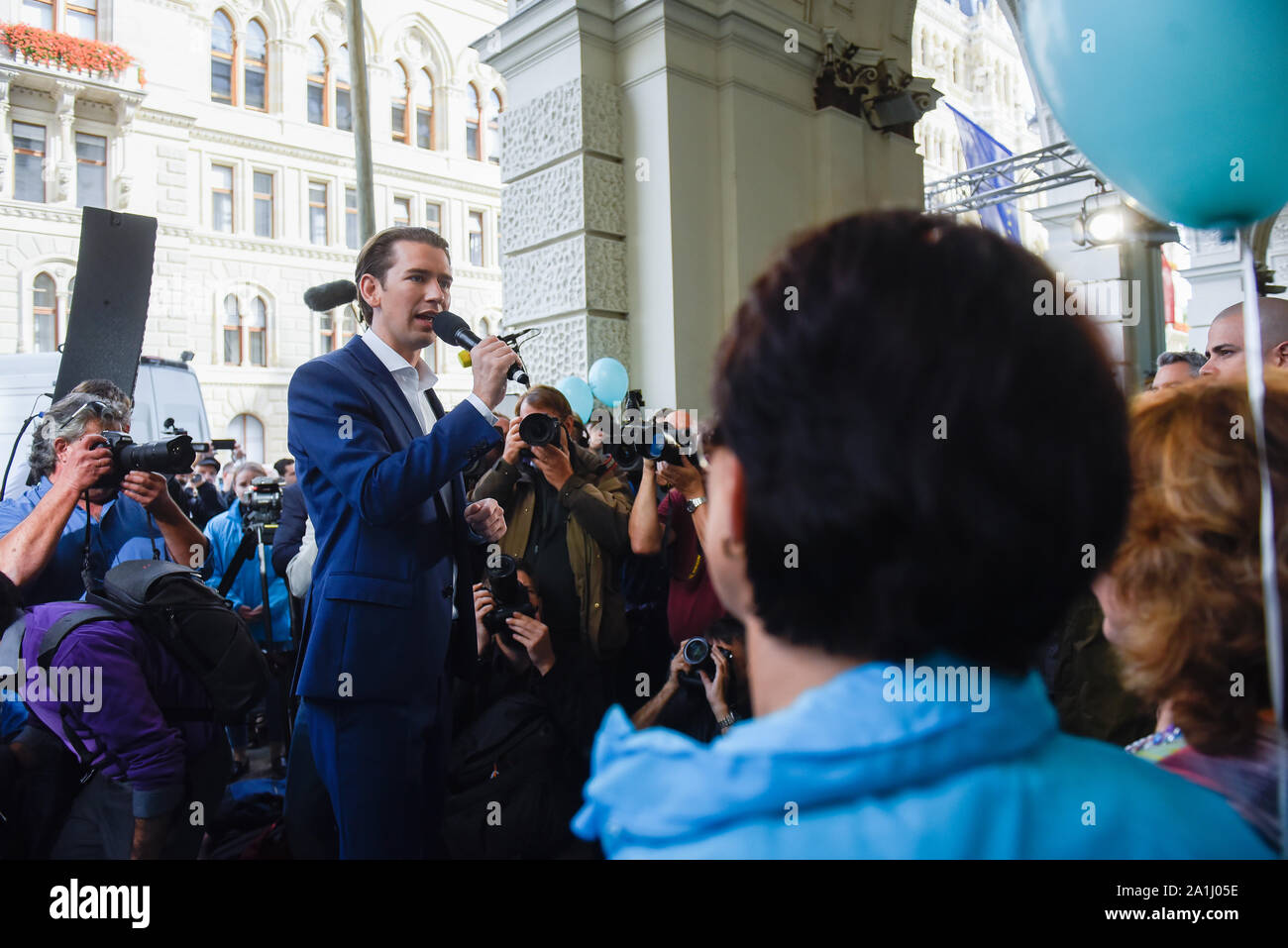 Austrian People's Party leader Sebastian Kurz speaks during the press conference ahead of Sunday's snap parliamentary elections. Stock Photo