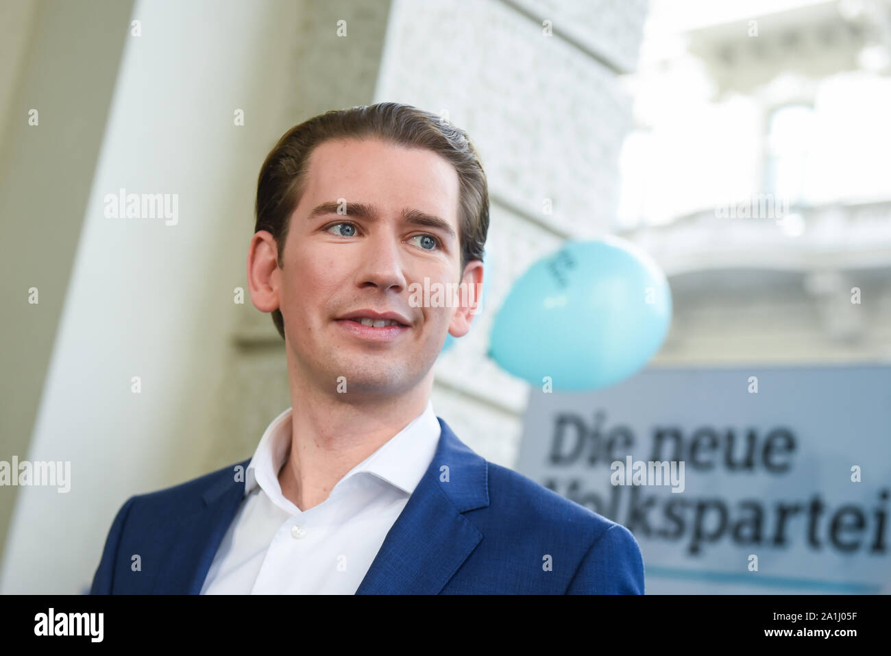 Austrian People's Party leader Sebastian Kurz arrives at the press conference ahead of Sunday's snap parliamentary elections. Stock Photo