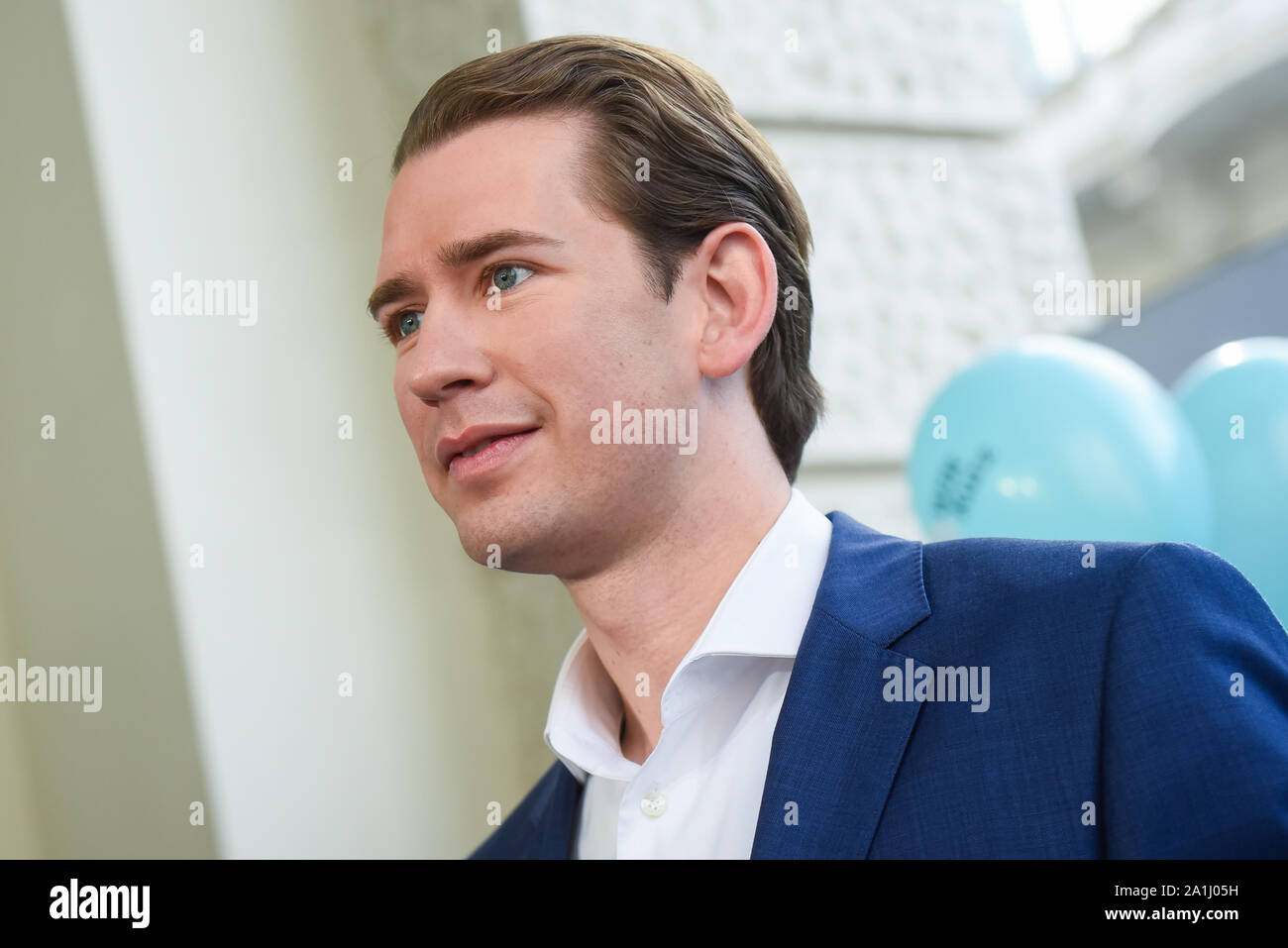 Austrian People's Party leader Sebastian Kurz arrives at the press conference ahead of Sunday's snap parliamentary elections. Stock Photo