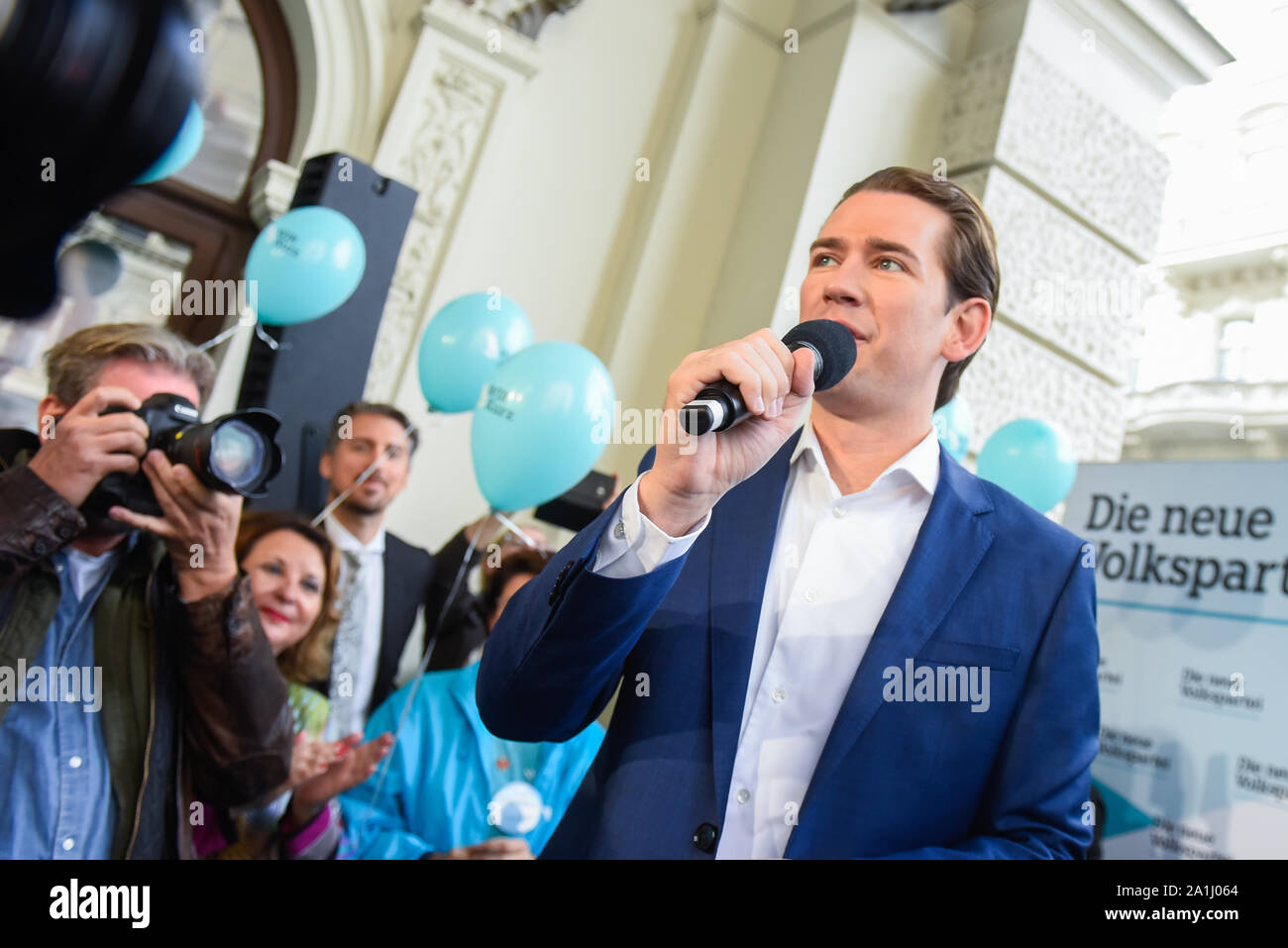 Austrian People's Party leader Sebastian Kurz speaks during the press conference ahead of Sunday's snap parliamentary elections. Stock Photo