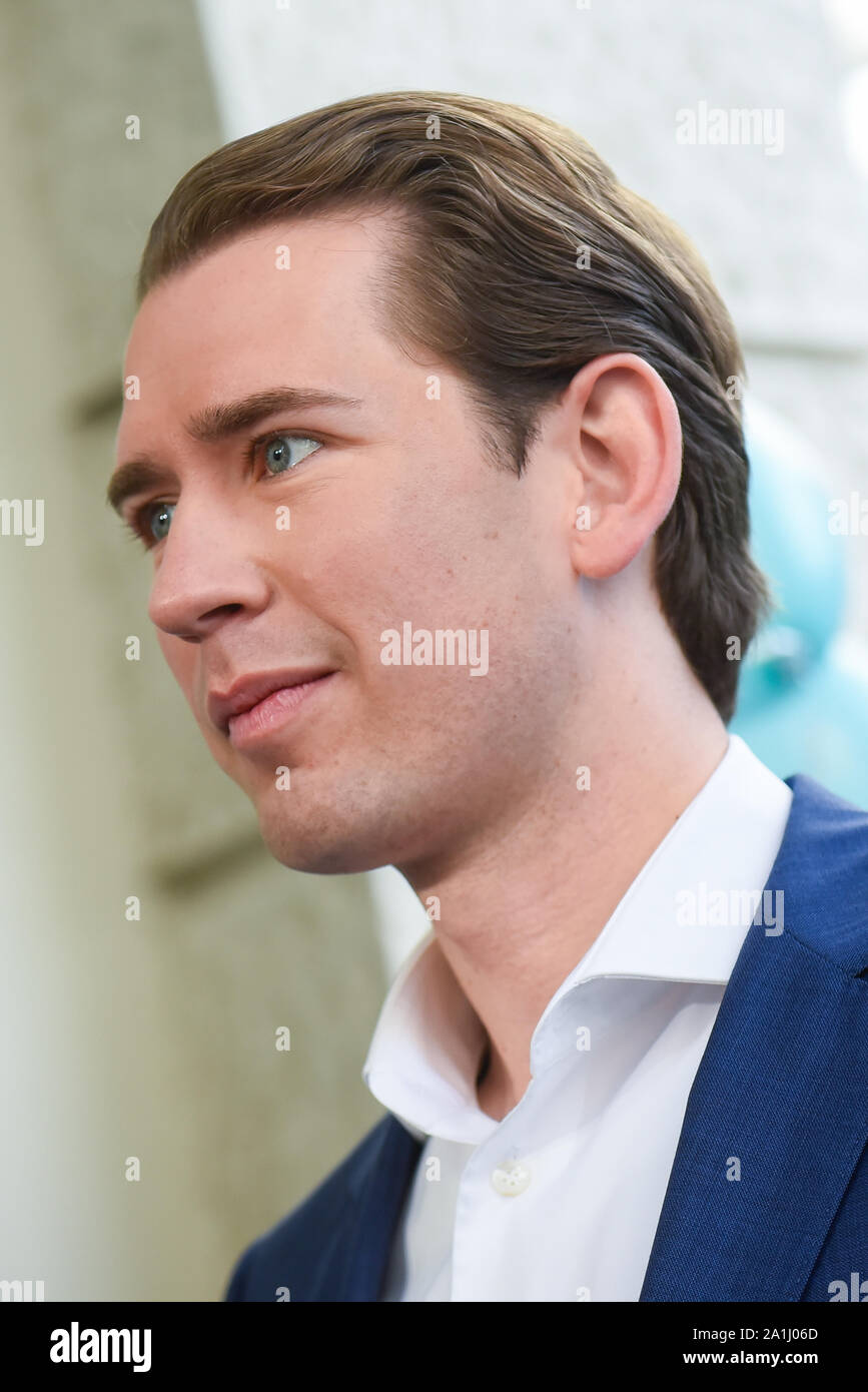 Austrian People's Party leader Sebastian Kurz arrives at the press conference ahead of Sunday's snap parliamentary elections. Stock Photo