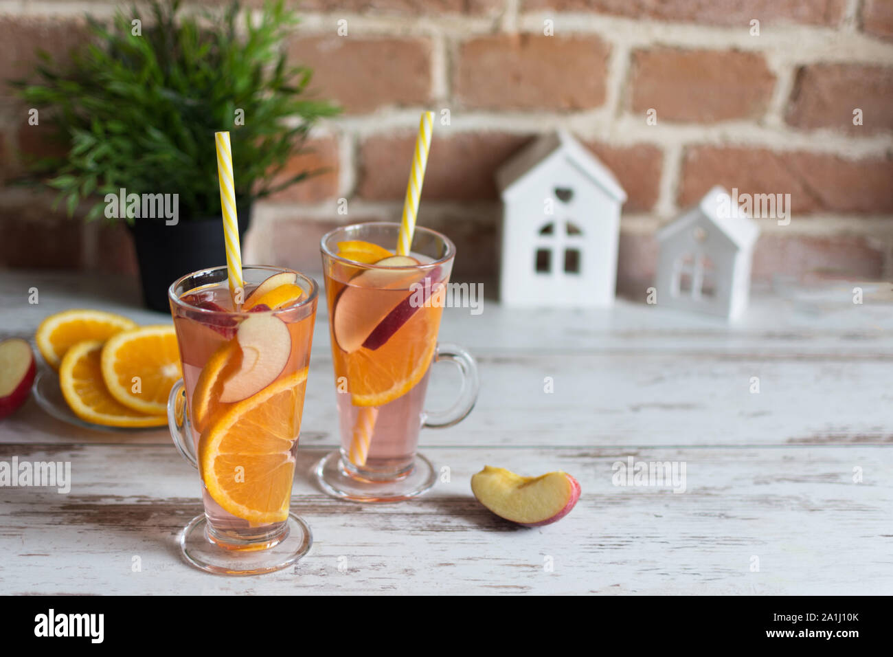 Refreshing Spanish Fruit Pink Sangria Punch On Wooden Background With Christmas Decoration Stock Photo Alamy