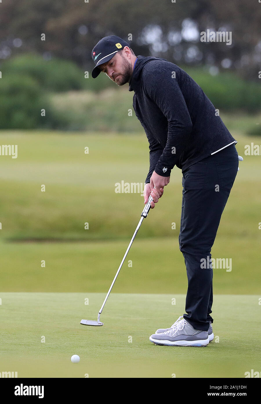 Justin Timberlake on the 1st green during day two of the Alfred Dunhill Links Championship at Kingsbarns Golf Links. Stock Photo