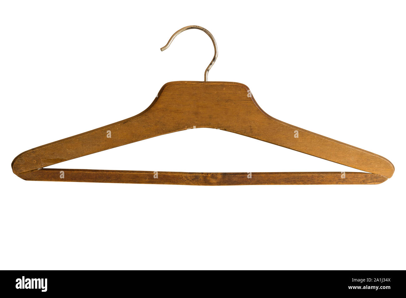 Wooden vintage clothing hanger isolated on white background. Equipment for wardrobe. Stock Photo