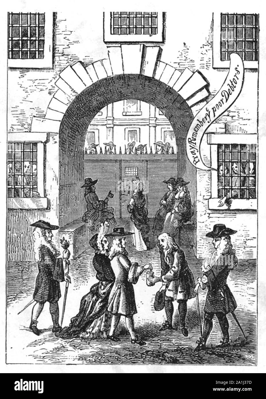 FL;EET PRISON, London, about 1780 showing debtors begging for alms at the Debtor's Gate Stock Photo