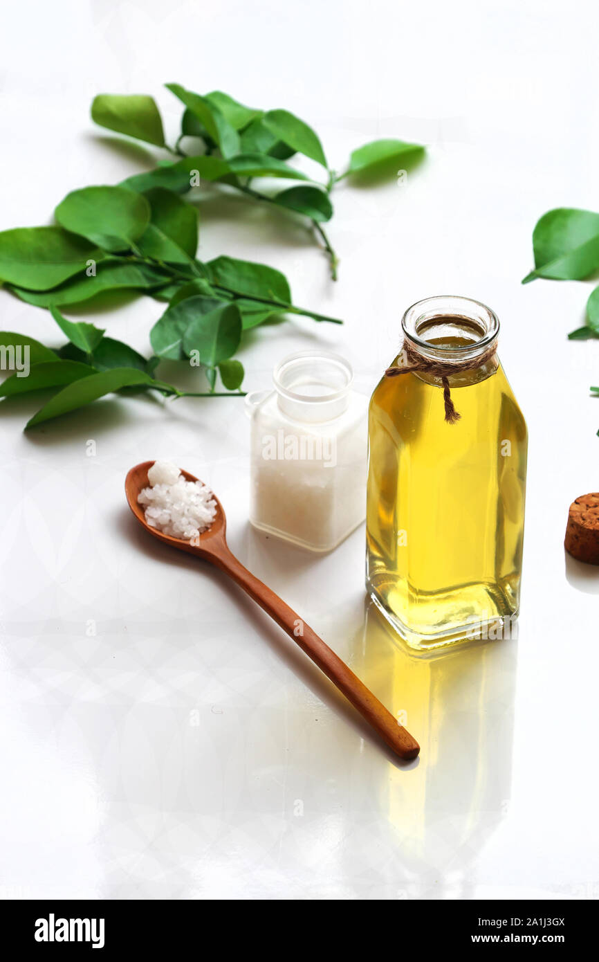 Homemade natural herbal oral care product from lemon leaves, salt boil