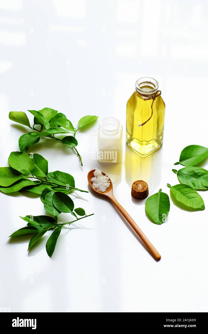 Homemade natural herbal oral care product from lemon leaves, salt boil