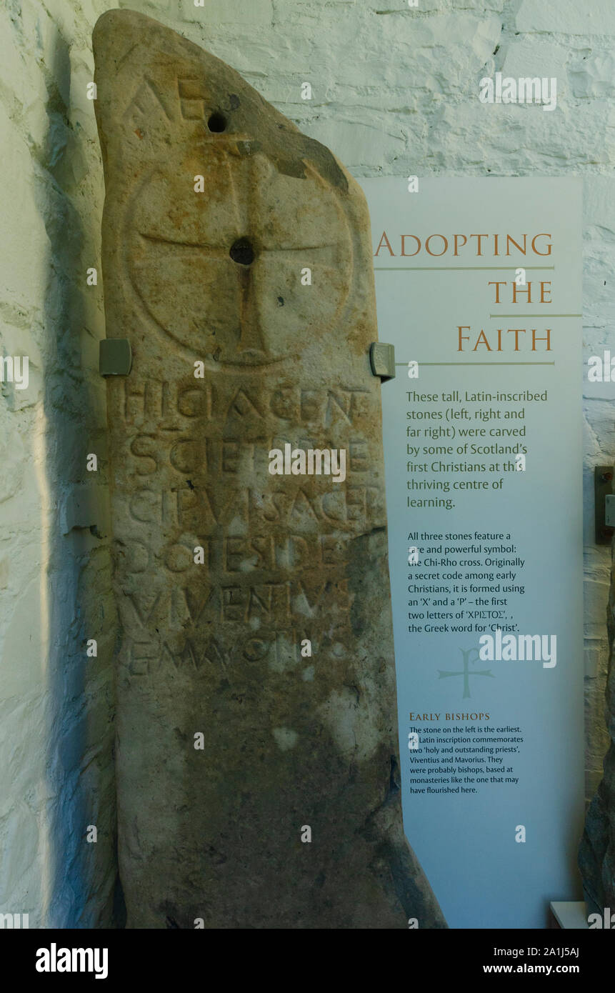 One of the eight Kirkmadrine Stones include three of the oldest Christian memorials in Scotland, dating to the 500s AD Stock Photo