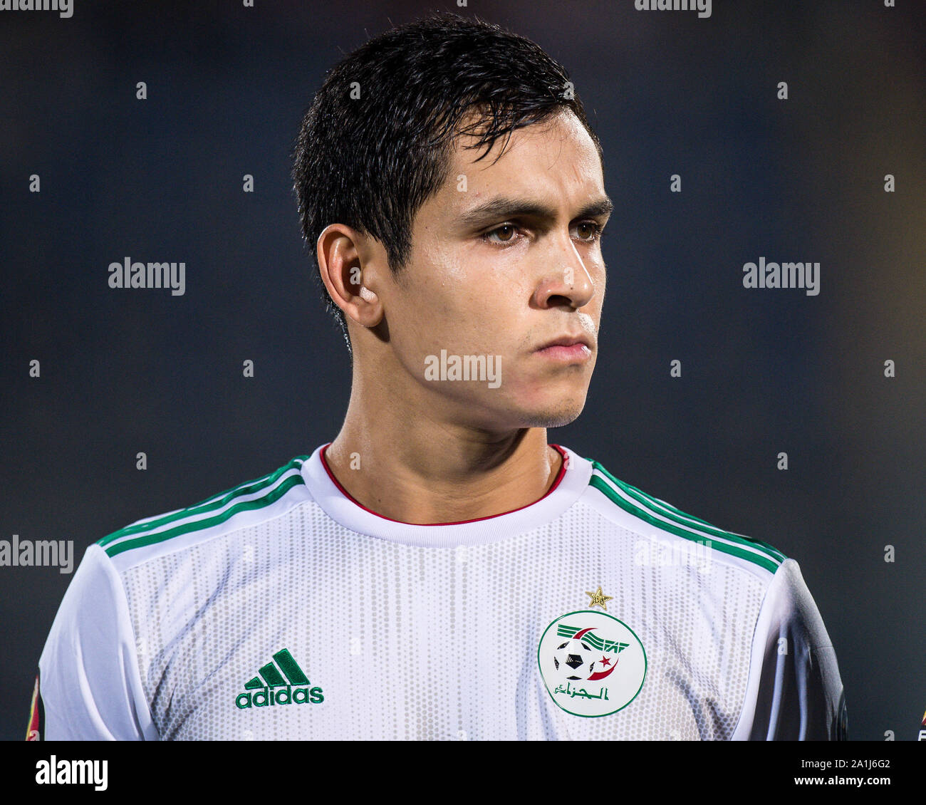 CAIRO, EGYPT - JUNE 23: Aissa Mandi of Algeria looks on during the 2019 Africa Cup of Nations Group C match between Algeria and Kenya at 30 June Stadi Stock Photo