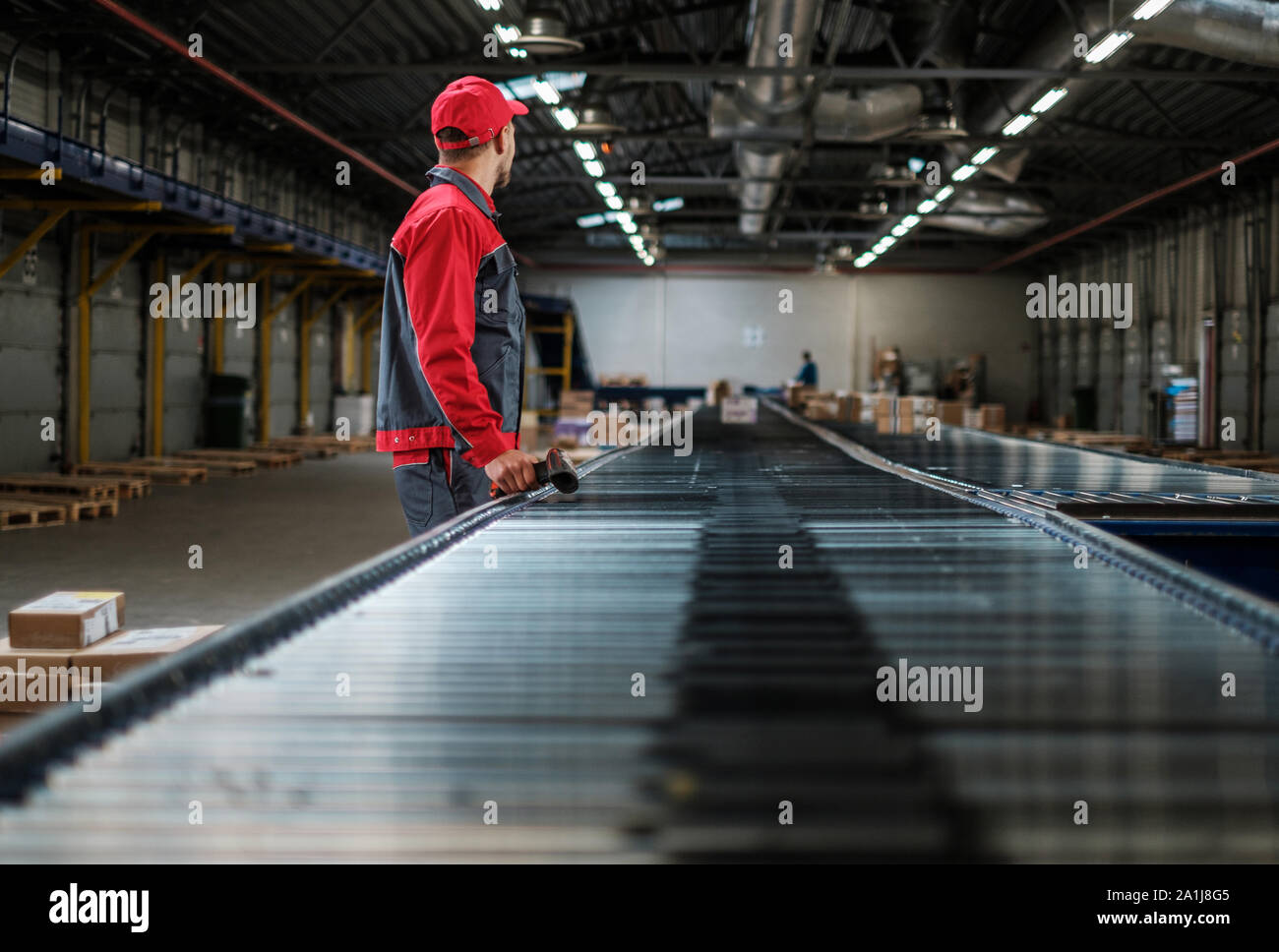 Warehouse worker working on a conveyor line Stock Photo Alamy