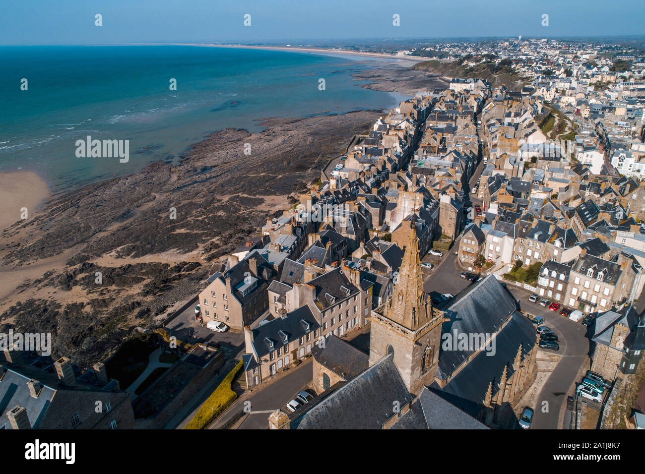 Granville (Normandy, north-western France): Aerial view of the upper city with the Church of Notre-Dame du Cap Lihou Stock Photo