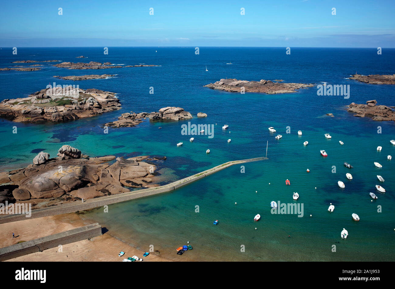 Tregastel (Brittany, north-western France): aerial view of the harbour and the “cote de Granit rose” coastal area Stock Photo