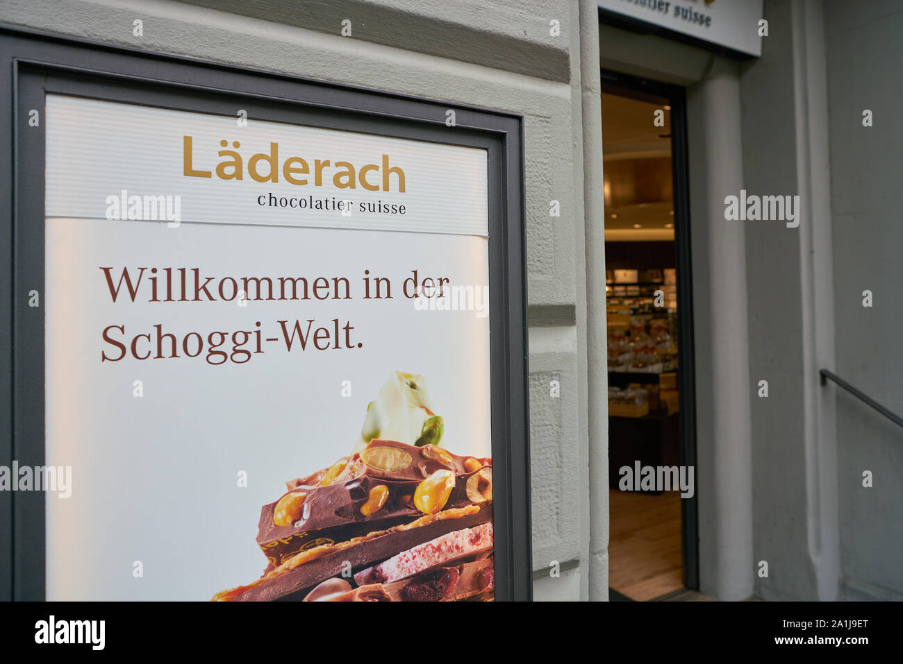 ZURICH, SWITZERLAND CIRCA OCTOBER, 2018 poster at Laderach store in