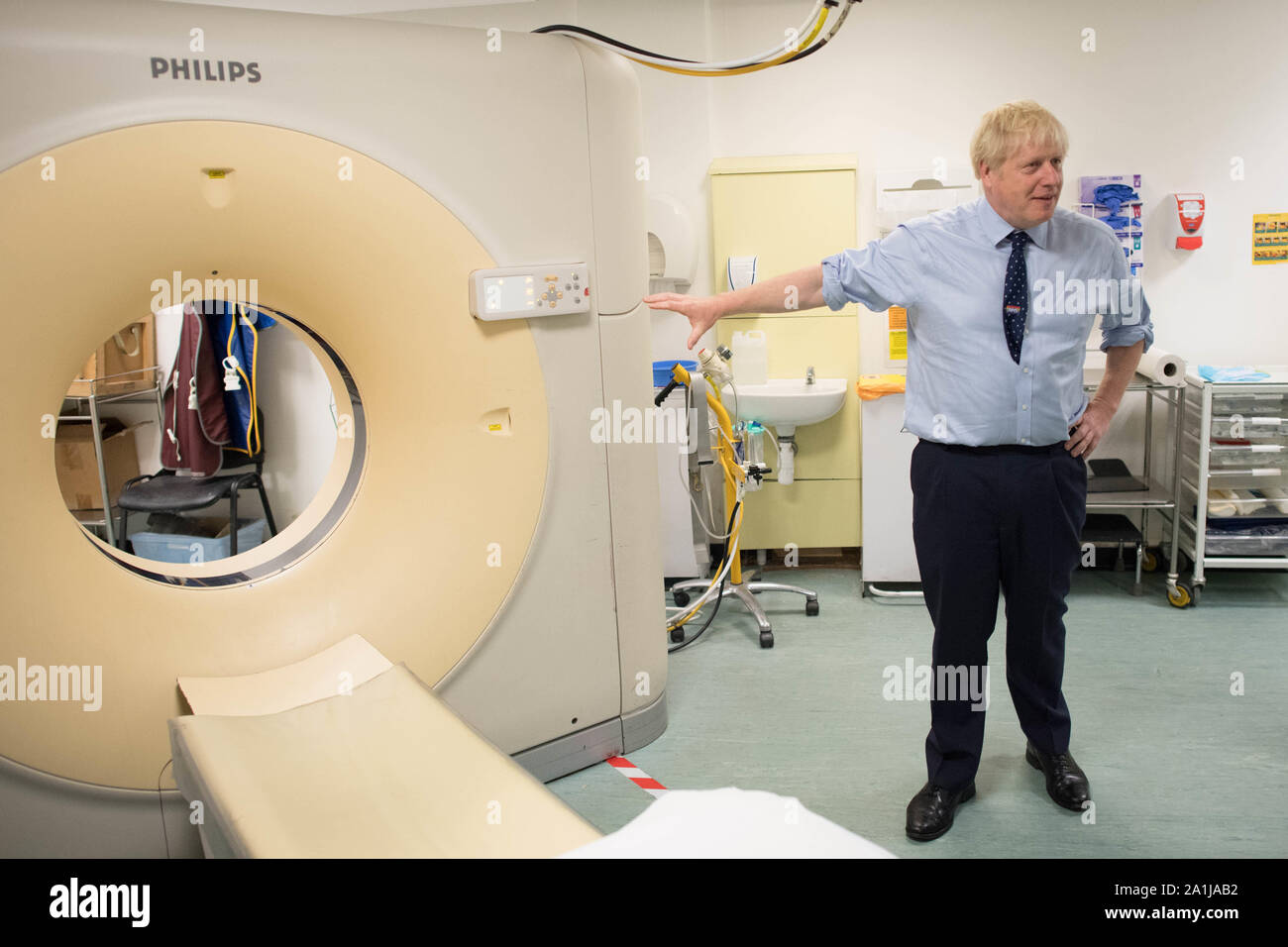 Prime Minister Boris Johnson meets staff and sees an MRI CT Scanner