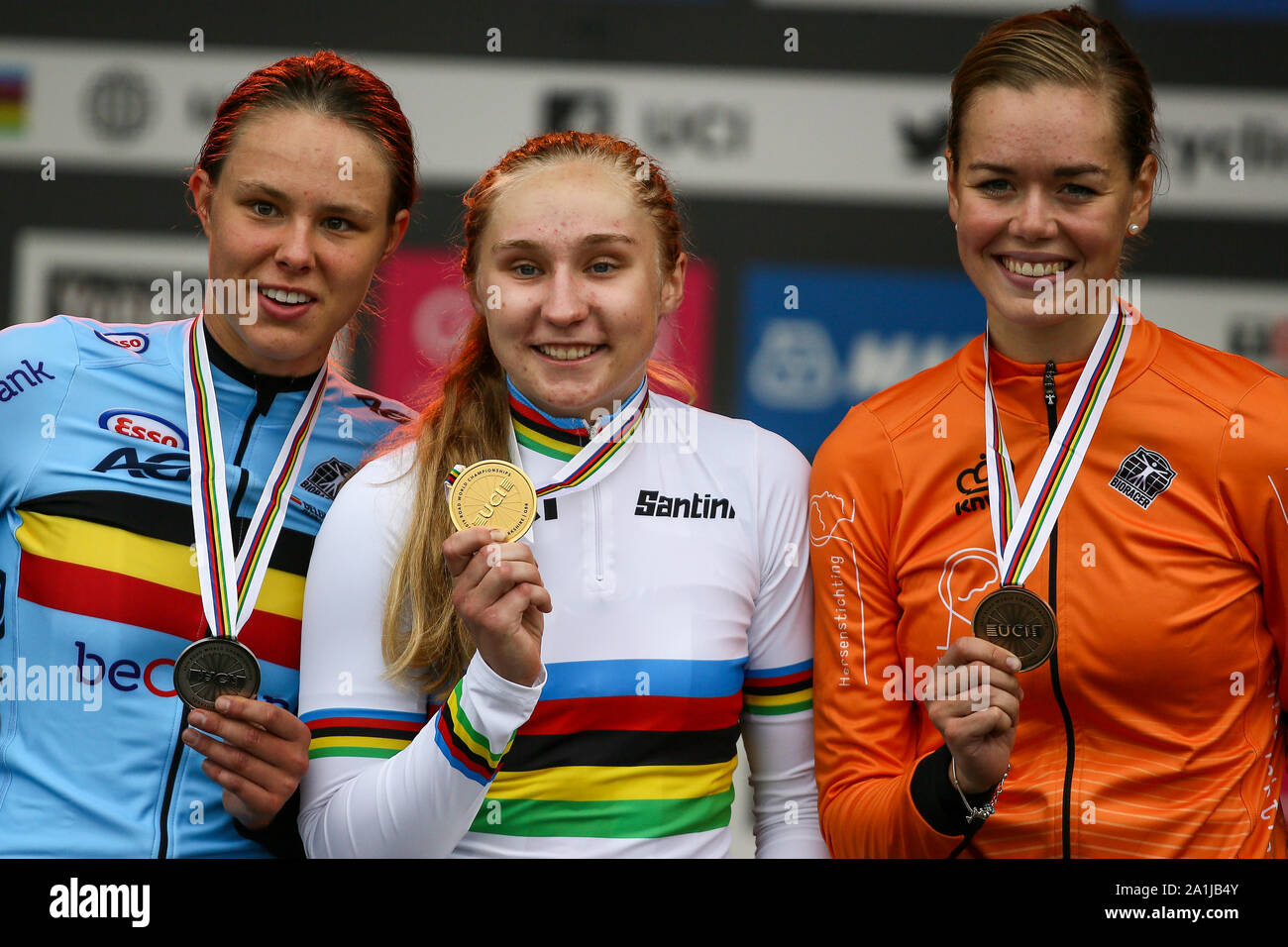 Harrogate, UK. 27th September 2019. Megan Jastrab  of the USA takes Gold Julie De Wilde  of Belgium Silver and Lieke Nooijen of the Netherlands takes Bronze in the 2019 UCI Road World Championships Womens Junior Road Race. September 27, 2019 Credit Dan-Cooke/Alamy Live News Stock Photo