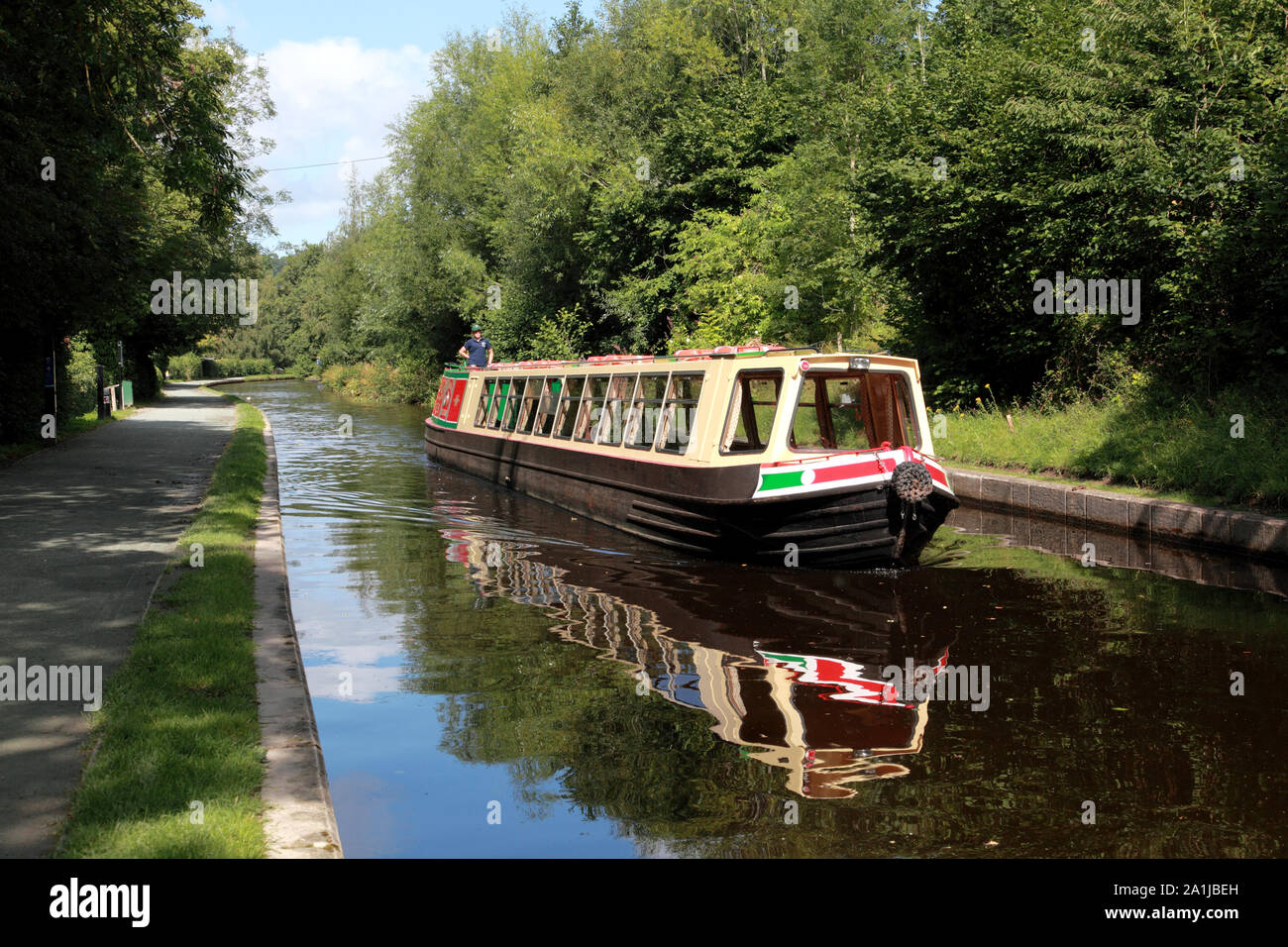 The trip boat “Thomas Telford” on the Llangollen Canal near Llangollen Wharf, Wales Stock Photo