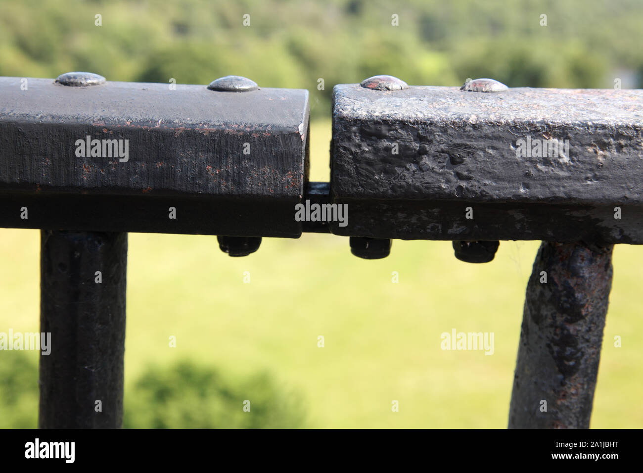 Detail of the railing next to the towpath on Pontcysyllte Aqueduct which carries the Llangollen Canal over the river Dee Stock Photo
