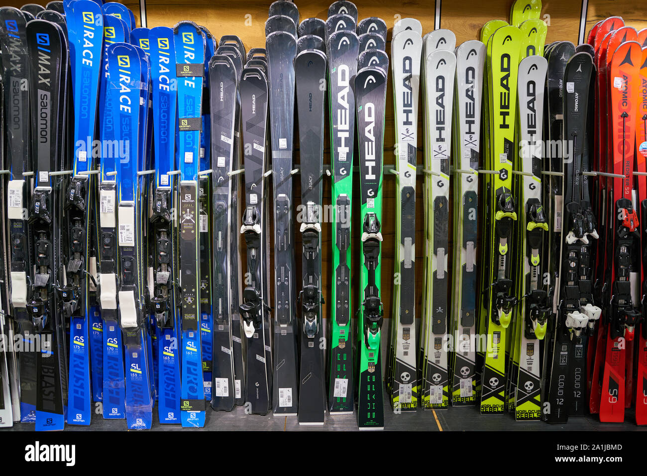 ZURICH, SWITZERLAND - CIRCA OCTOBER, 2018: skis on display at Jelmoli department store in Zurich. Stock Photo