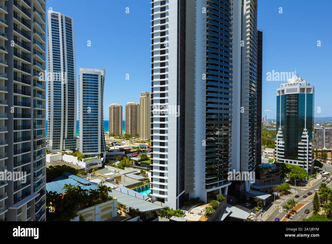 Surfers Paradise highrise buildings including Chevron Renaissance, Hilton Hotel and Mantra Circle on Cavill on the Gold Coast of Queensland, Australia Stock Photo