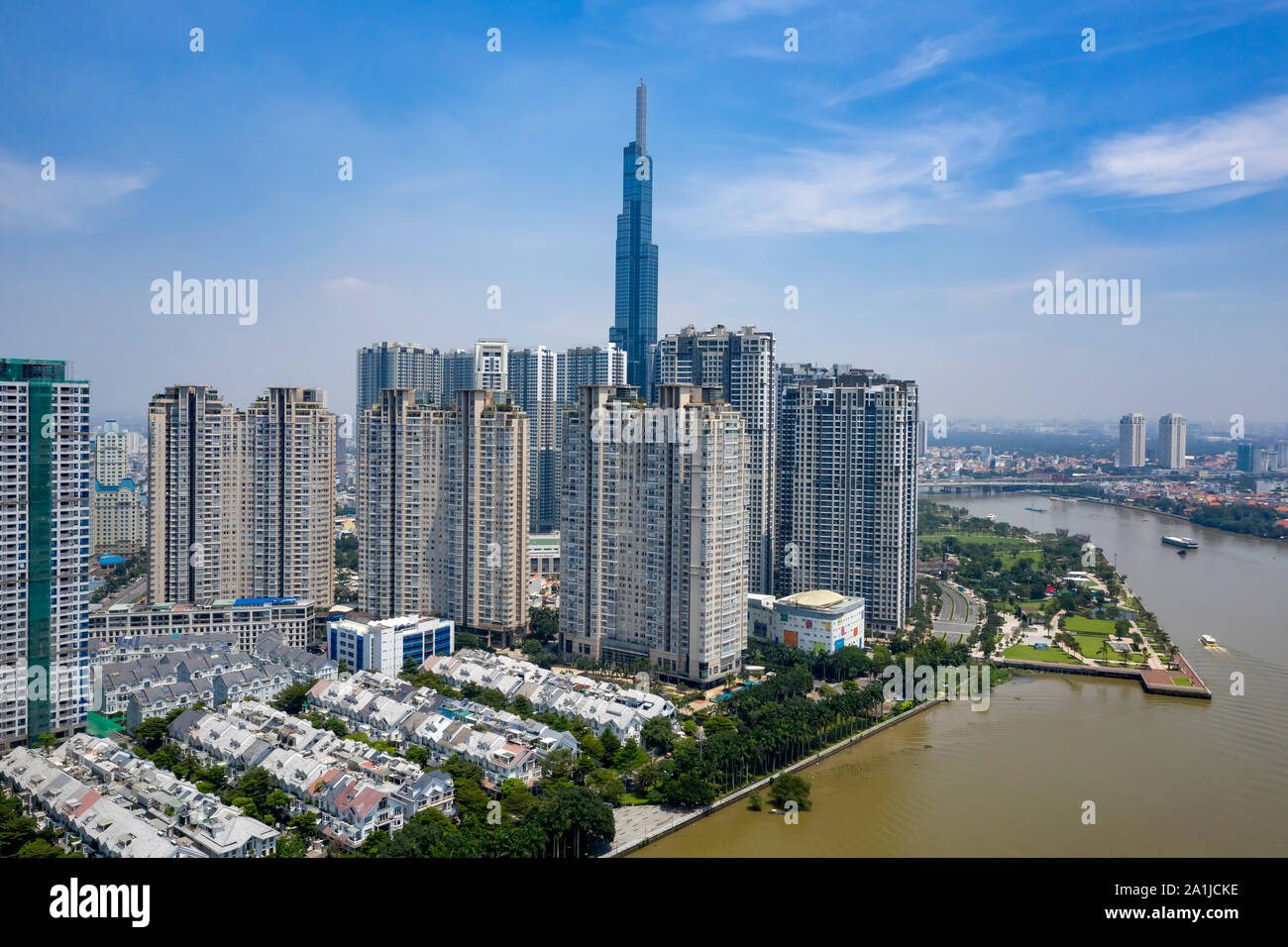 Aerial view of new developments on the Saigon river in Ho Chi Minh City ...
