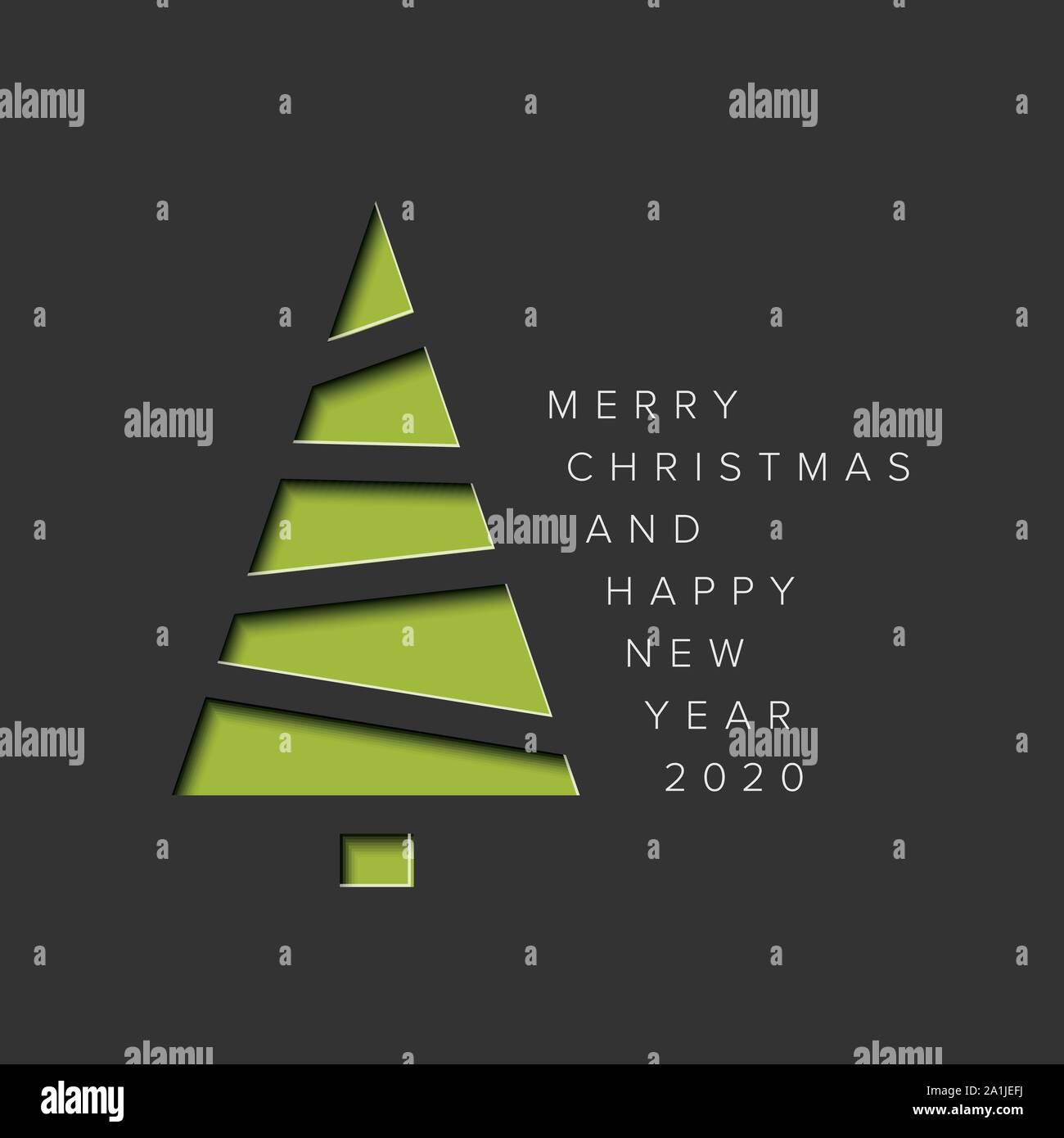 Vector Merry Christmas card with a green minimalistic tree cut of from ...